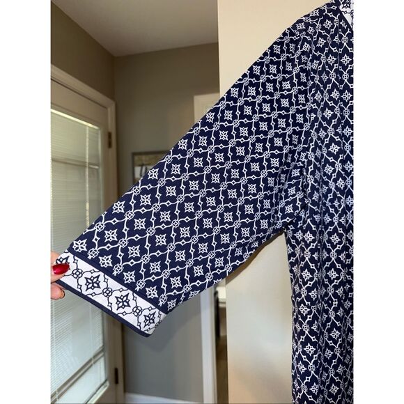 Talbots Plus Size 3X Faux Wrap Knee Length Dress Blue Geometric Print 3/4 Sleeve - Picture 6 of 10